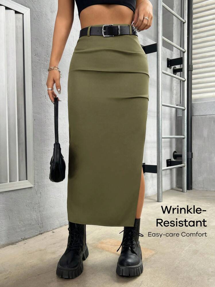 SHEIN PETITE レディース ミリタリーグリーン 襞 ハイスリット