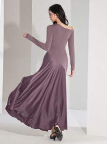 Heiryn Women Asymmetric Collar Patchwork Dress - Purple - View 2