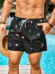 Manfinity VDAYZ Pantaloni scurți de plajă de vară pentru bărbați, cu talie elastică și șnur, stil hawaian