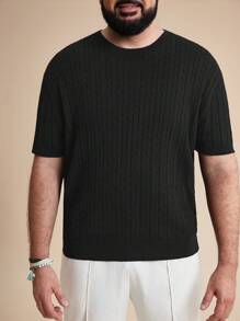 EASEVO Plus Size Men's Slim Fit Cable Knit Black Crew Neck Short Sleeve Sweater, School, For Fall Winter