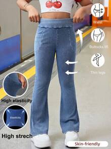 适合青少年女孩的时尚休闲基本款舒适瑜伽健身蓝色针织弹力紧身喇叭牛仔裤，柔软舒适，适合日常穿着，也适合青少年女孩春夏派对、节日和海滩穿着。 - 藍色 - 查看 1