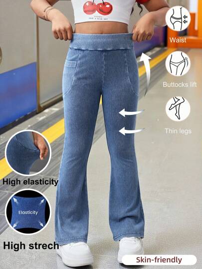 Pantalones vaqueros acampanados, elásticos y de punto azul, de estilo básico y cómodo para yoga y fitness, para ropa de niña preadolescente, traje de niña, uso diario, y conjuntos para festivales y playa de primavera y verano para niña preadolescente