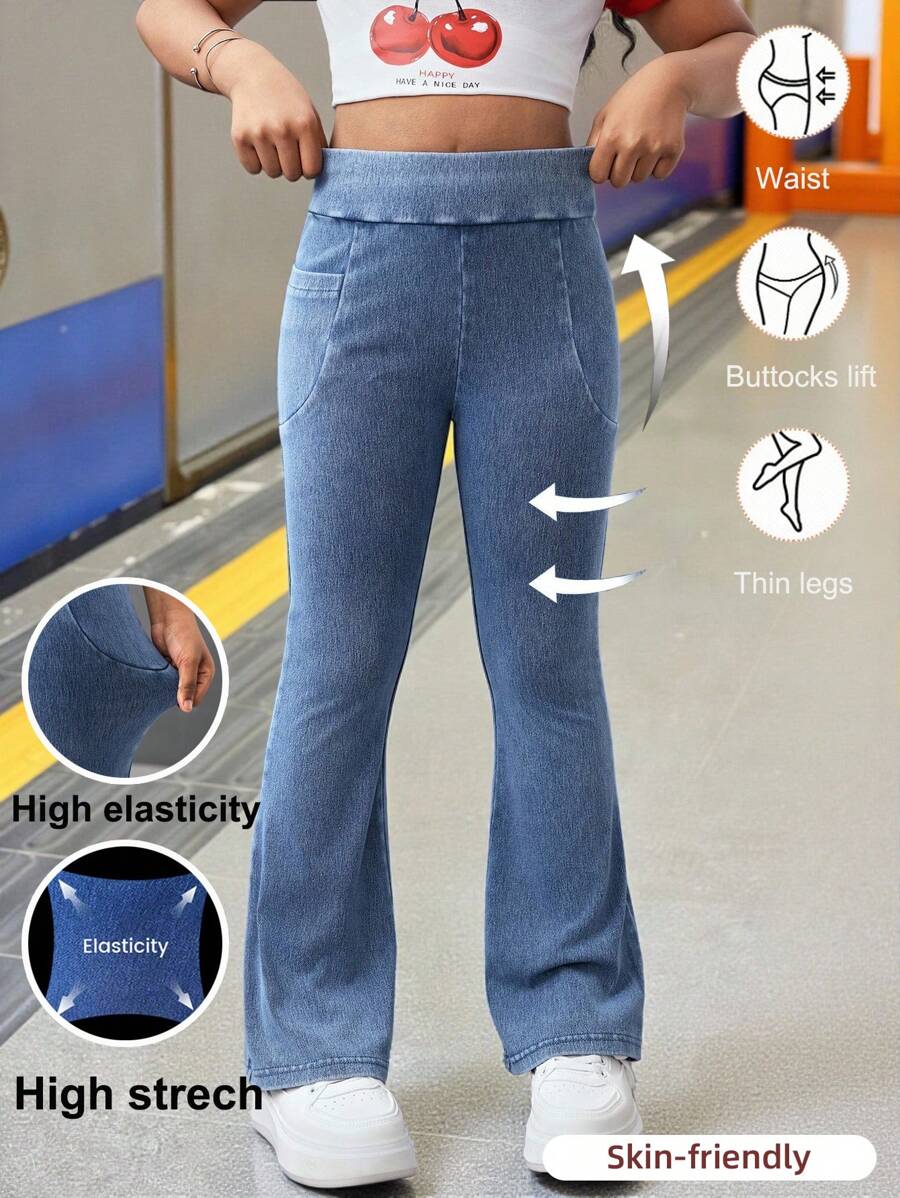 适合青少年女孩的时尚休闲基本款舒适瑜伽健身蓝色针织弹力紧身喇叭牛仔裤，柔软舒适，适合日常穿着，也适合青少年女孩春夏派对、节日和海滩穿着。 - 藍色 - 查看 1