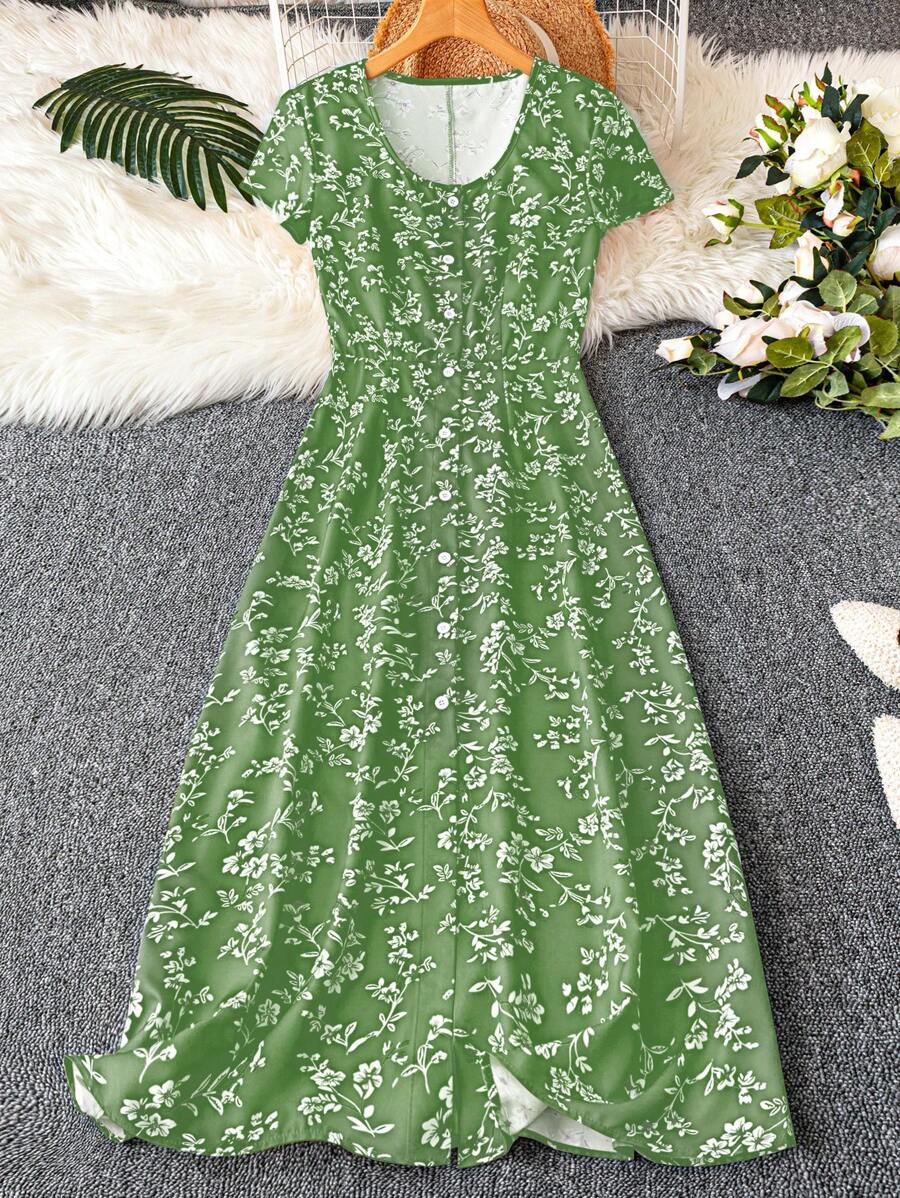 GlowEve Vestido de botones hasta la mitad del muslo con estampado floral pequeño - Verde - Ver 1