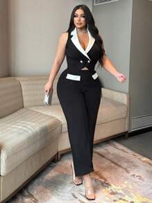 NU&NOW Women Plus Size Elegant Black & White Contrast Color Suit Vest & Pants 2pcs Set, Button Decor Fashion Design Versatile