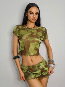SHEIN ICON Summer Women Going Out Green Tie-Dye Print Short Sleeve Mesh Sheer Top & Low Waist A-Line Mini Skirt 2 Pieces Set - Multicolor - View 4