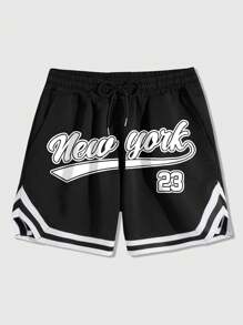 ROMWE MEN Street Life Pantalones cortos deportivos informales de verano para hombres, con estampado de números en inglés americano, color negro