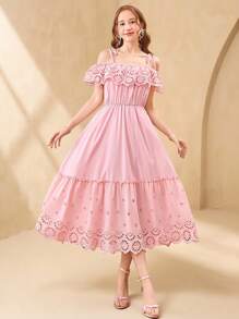 Elegant Teen Girl Summer Pink Embroidered Hollow Out Ruffle Cold Shoulder Adjustable Strap Mid-Length Spaghetti Strap Camisole Dress, Suitable For Casual, Party, & Daily Wear - Pink - View 1