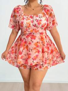 Flirla Plus Size Spring/Summer Plus Size Round Neck Chiffon Fashion Elegant Cute Romantic Floral Batwing Sleeve Romper For Beach Holiday - Multicolor - View 4