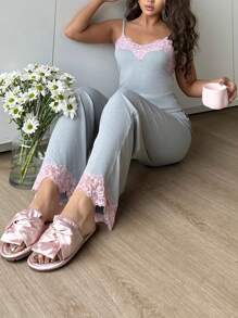 European Style Sexy Lady Pink Lace Patchwork Sleepwear Set - Multicolor - View 7