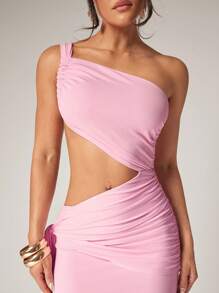Silquee Premium Quality Women's Elegant Long Pink Dress, Fashionable For Summer, Summer Outfits, Holiday Outfits, Waist Hollow Design, Ribbon Design Dress One Shoulder Drawstring, Pleated Dress - Pink - View 8