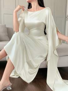 DAZY 女士优雅纯色中长款晚礼服，带披肩，新款上市，女士休闲连衣裙，白色连衣裙，生日女士短款连衣裙，夏季工作连衣裙，夏季婚纱连衣裙 - 白色 - 查看 1