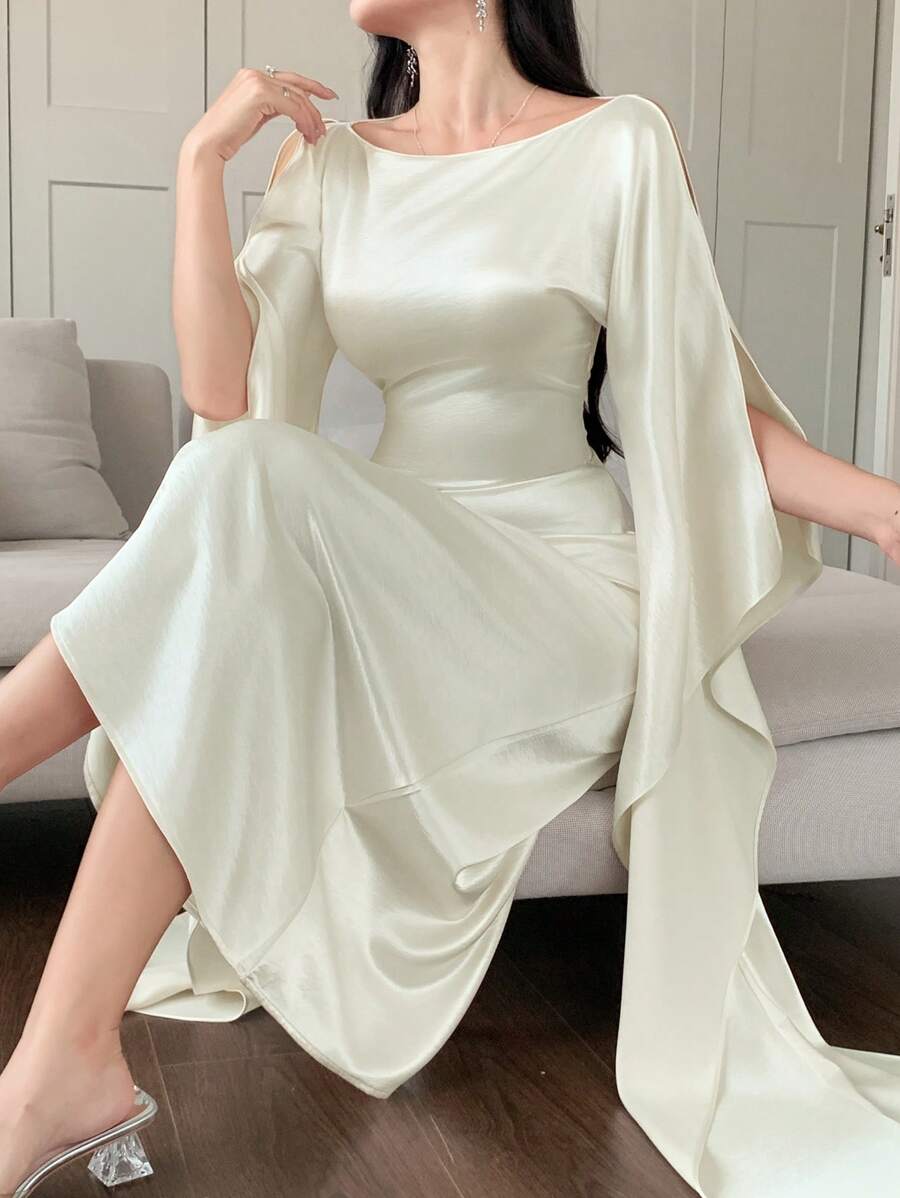 DAZY 女士优雅纯色中长款晚礼服，带披肩，新款上市，女士休闲连衣裙，白色连衣裙，生日女士短款连衣裙，夏季工作连衣裙，夏季婚纱连衣裙 - 白色 - 查看 1