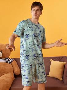 NotGurli Set de 2 piezas de pijama de verano para hombres con top de manga corta y shorts con estampado all-over