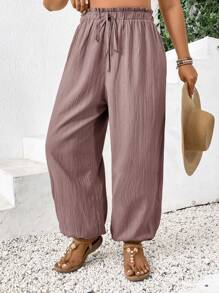 SHEIN Frenchy Plus Size Women Solid Color Ruffle Hem Drawstring Loose Pants,Summer Pants - Mocha Brown - View 4