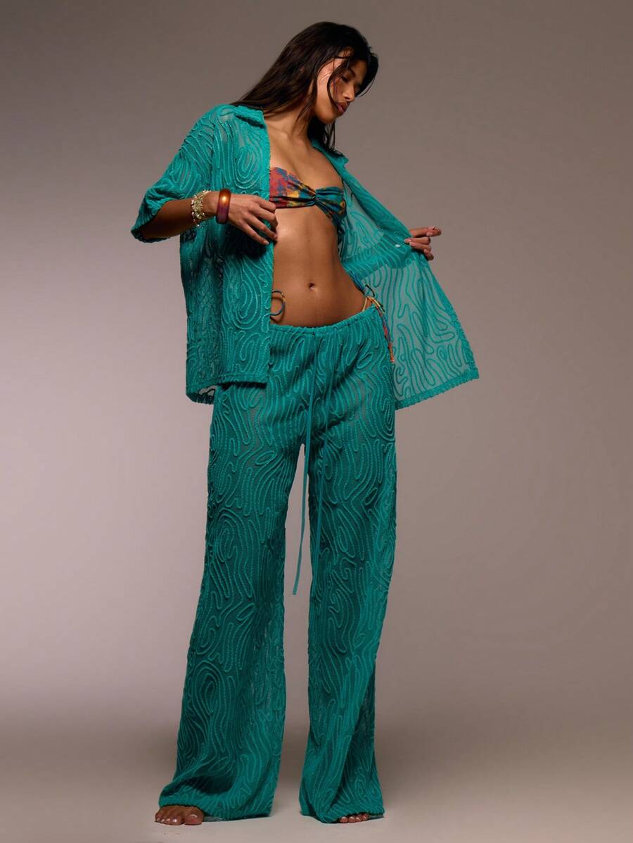 MUSERA Oversized Pattern Texture V-Neck Button Up Shirt And Straight Leg Trouser Spring, Summer, Ibiza Outfit, Holiday, Cute, Festival, Vacation Beachwear, Beach, Boho Mai Tai