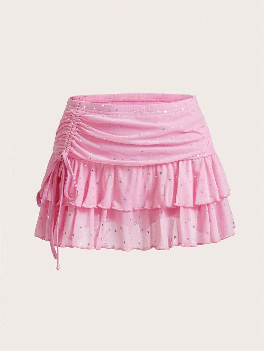 Sweetina Ultra Low Waist Ruched Tie Wrap High Slit Tiered Shiny Crystal Mesh Mini Skirt - Pink - View 1