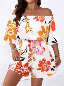 SHEIN Holidaya 大码女式休闲印花露肩连体裤