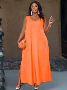 Maweii Plus Size Women's Summer Solid Color Sleeveless Top Dress With Pockets Maxi Women Outfit