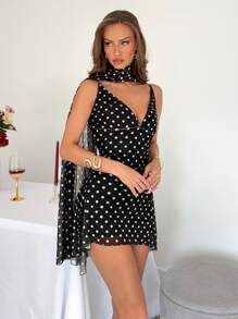 SHEIN Essnce Polka Dot Dress Professional Women Clothes Women's Polka Dot Strap Mini Dress, Fashionable For Summer Shorts Inside - Black - View 1