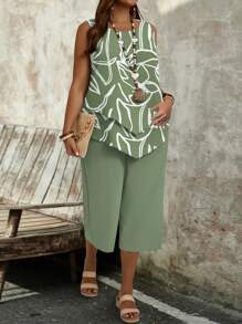 EMERY ROSE 2pcs/Set Plus Size Women Casual Vacation Green Stripe & Floral Print Set, Suitable For Summer Vcay Women Summer Sets,Vacation Outfits Woman,2 Pieces Summer Outfit Fall Clothes