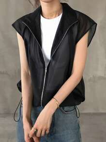 FRIFUL Women's Open Front Sheer Short Metal Zipper Contrast Color Plain Short Sleeve Casual Jacket