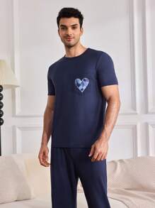 Comfortable Short Sleeve Tee And Long Pants Heart Denim Pajamas Set For Men - Navy Blue - View 4