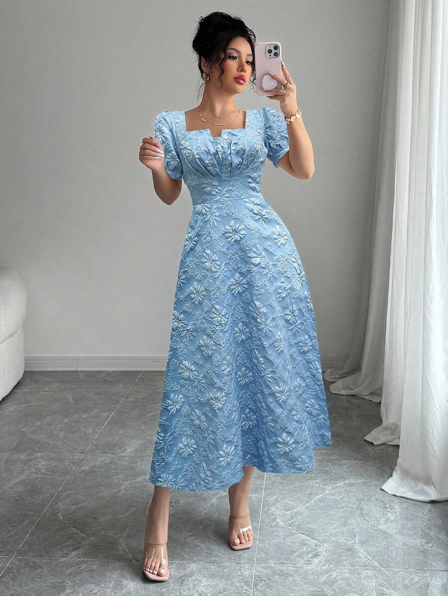 Rafferiza 女士优雅提花长裙，夏季 - 淺藍色 - 查看 1