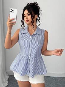 Elenzga 大码夏季时尚休闲法式复古优雅蝴蝶结衬衫 - 藍色 - 查看 7