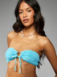 MISSGUIDED 毛巾布抹胸比基尼上衣，前系带，海滩泳池，夏季度假泳衣，泳装 - 藍色 - 查看 7