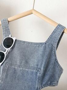 SHEIN Girls' Design Sense Fashionable Dress, New Summer Tween Girl' Soft Washed Denim Strap Princess Dress - Blue - View 4