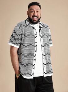 EASEVO Plus Size Men's Casual Fitted Short Sleeve Knit Curved Hem Cardigan, For Fall Winter - Black and White - View 4
