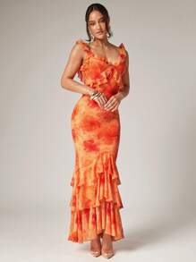 Silquee Summer Orange Smudge Print Backless Ruffles, Elegant Romantic Summer Dress, Stretch Mesh Fabric, Ruffle Spaghetti Straps Slim Maxi Dress, Romantic Date, Wedding, Night Out, Beach Vacation, Elegant Beach Vacation, Music Festival, Suitable For Spring And Summer, Suitable For Daily Date, Night Out, Party, Gathering,Boho Clothes Women, Orange Maxi Dress Ruffle Maxi Dress, Sunset Dress, Orange Formal Dress, Floral Maxi Dress - Multicolor - View 4