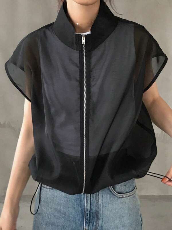 FRIFUL Women's Open Front Sheer Short Metal Zipper Contrast Color Plain Short Sleeve Casual Jacket