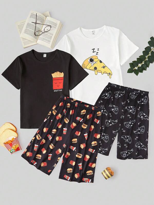 Biały, prosty hamburger dla nastolatków, frytki, t-shirt z nadrukiem coli i średniej długości szorty, odzież domowa