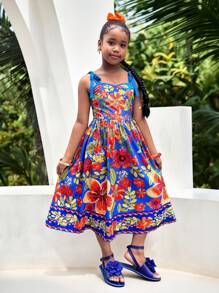 Tween-Mädchen Lässiges Resort-Midikleid mit gewebtem tropischem Blumenmuster und Farbblock, Schleife an der Taille, Bohemian - Königsblau - Übersicht 7