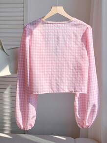 Comfortcana Camisa de mujer de manga farol con cordón, estilo casual/oficina a cuadros