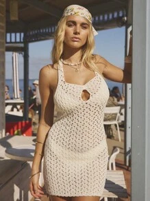 Aralina Women Solid Color Hollow Neck Backless Casual Mini Dress, Suitable For Holiday Resort Summer Vacation - White - View 4