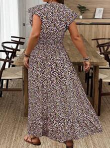 SHEIN Clasi 大码女式V领碎花盖袖收腰喇叭裙夏季休闲连衣裙