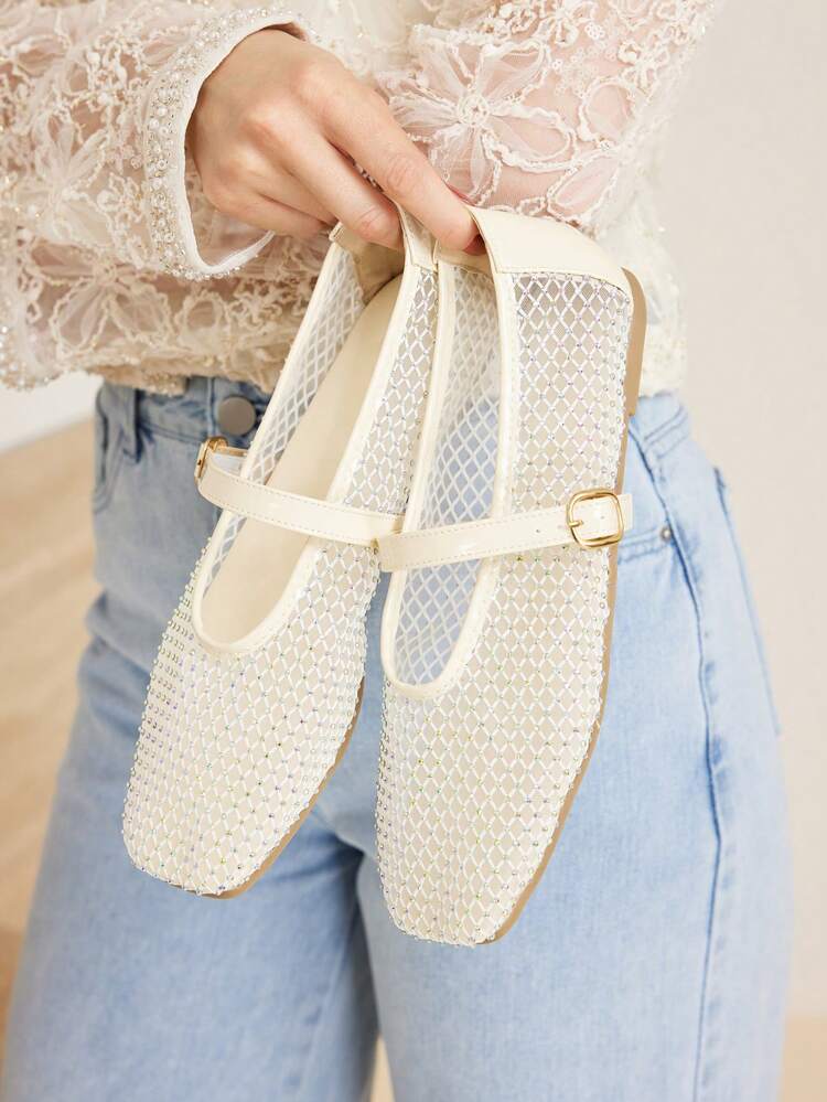 SQUARE TOE RHINESTONE FLAT SANDALS
