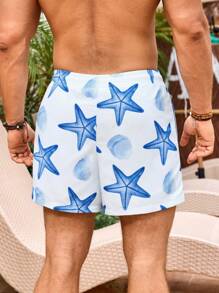 Manfinity VDAYZ Shorts casuales de playa con estampado de estrellas de mar para hombres, hawaianos