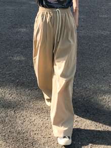 FRIFUL Women's Casual Solid Color Drawstring Waist Wide Leg Pants, Everyday Wear - Khaki - View 11