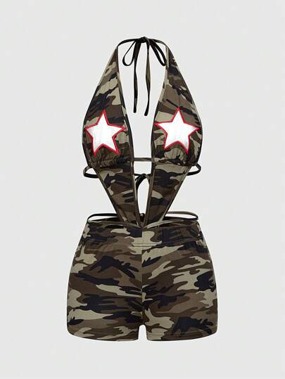 ROMWE Avant Y2K Sexy Modern Camouflage Starry Patch Backless Halter Ultra-Short Jumpsuit