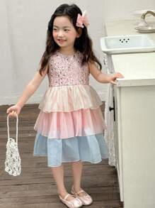 DAZY Vestido de fiesta de cumpleaños de cuello redondo con volantes de tul grueso para niñas (pequeño), de verano
