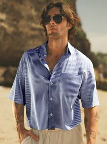 HIMLAND Camicia casuale blu a righe, slim fit, a maniche corte, in tessuto lavorato, da uomo