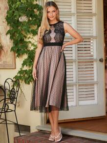 Amorya 女士時尚波點無袖網紗連衣裙，混搭蕾絲設計，半正式裙裝 - 黑色 - 查看 3