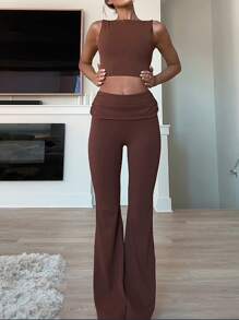 INAWLY Solva 女士夏季性感纯色露背短款上衣和喇叭裤套装 - 咖啡棕 - 查看 7