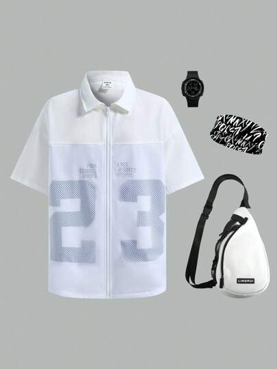 SHEIN 1 Piece Teen Boy Casual Sports College With European And American Letters Pattern Mesh Lapel White Shirt Suitable For Teen Boy Back To School Boys Suitable For Birthday Parties, Evening Parties, Performances, Weddings, Baptisms, Opening Ceremonies Daily Suitable For Daily Use Suitable For School Suitable For Travel Suitable For Sports Suitable For Spring And Summer Seasons
