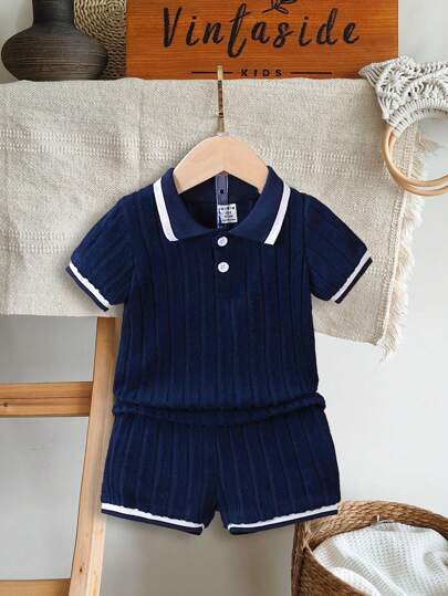 SHEIN Vintaside Kids 2 piezas Conjunto de niño, Camisa tipo polo azul marino y pantalones cortos, tejido acanalado, adecuado para uso casual al aire libre, escuela, vacaciones, estilo elegante, apropiado para ocio familiar, deportes y fiestas, prendas de verano unisex para bebé y niño pequeño