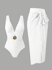 Swim Oasis 2 pezzi/set Costume da bagno da donna 2025 in tessuto texturizzato, monospalla senza maniche con schiena scoperta, con spacco e fiocco, costume da bagno per vacanze al mare